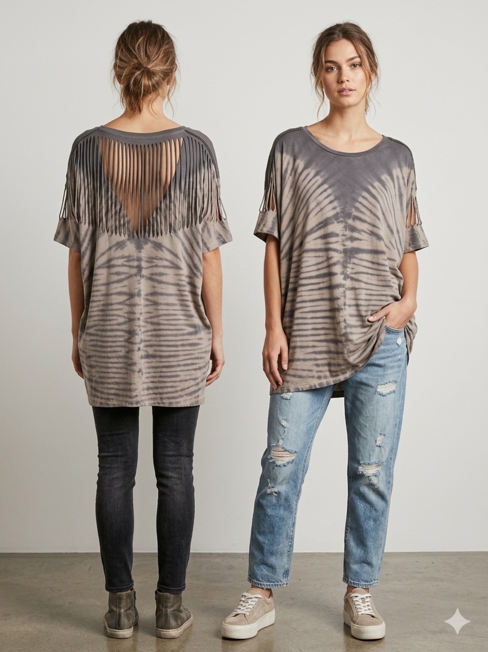 RELIGION Oversized Tie Dye Tunic Dress M Shredded Fringe Back Distressed Tee